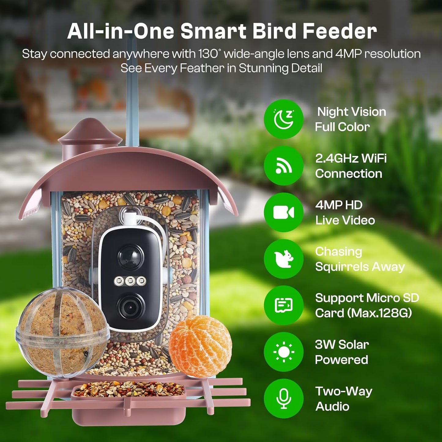 Smart Bird Feeder with Camera – AI Recognition, 130° Wide Angle, Solar & USB Powered, IP65 Waterproof, Motion Detection, Night Vision, Two-Way Audio, Cloud Storage–for Nature Lover (Bird Feeder)