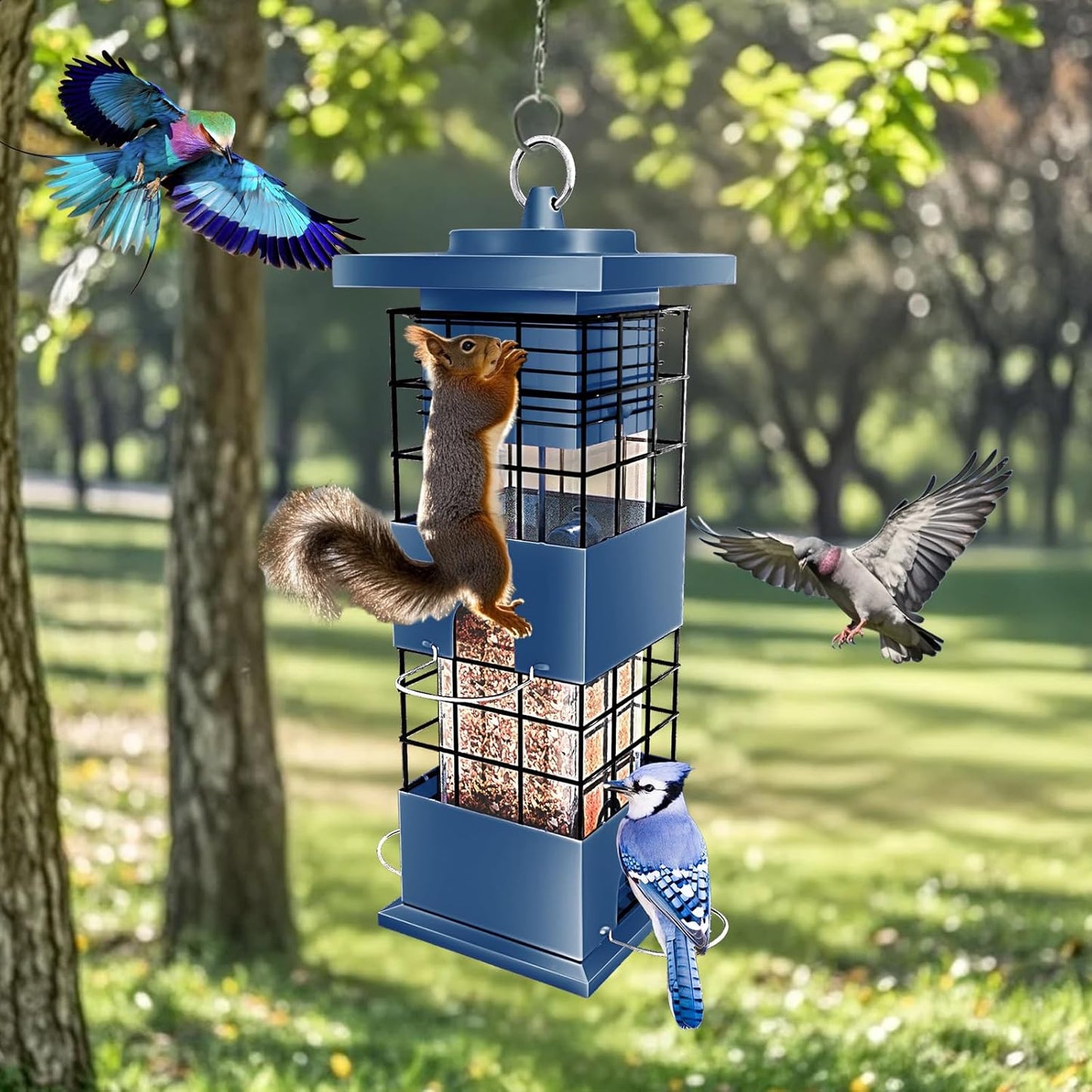 Squirrel Proof Bird Feeder,3Lbs Metal Birdfeeders Squirrel Proof with 4 Feeding Ports forOutdoors Hanging, Birdseed Feeder for Cardinal, Sparrow,Bluejay,Outside (Blue)