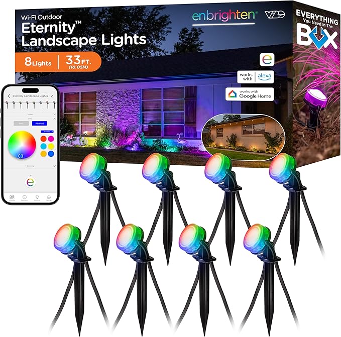 Enbrighten Vibe Eternity Landscape Lights, 33ft, 8 RGBWIC LEDs, Weatherproof, Perfect for Garden, Pathway, and Home Exterior Lighting, Smart App Control, Compatible with Alexa, Google Home, 83789