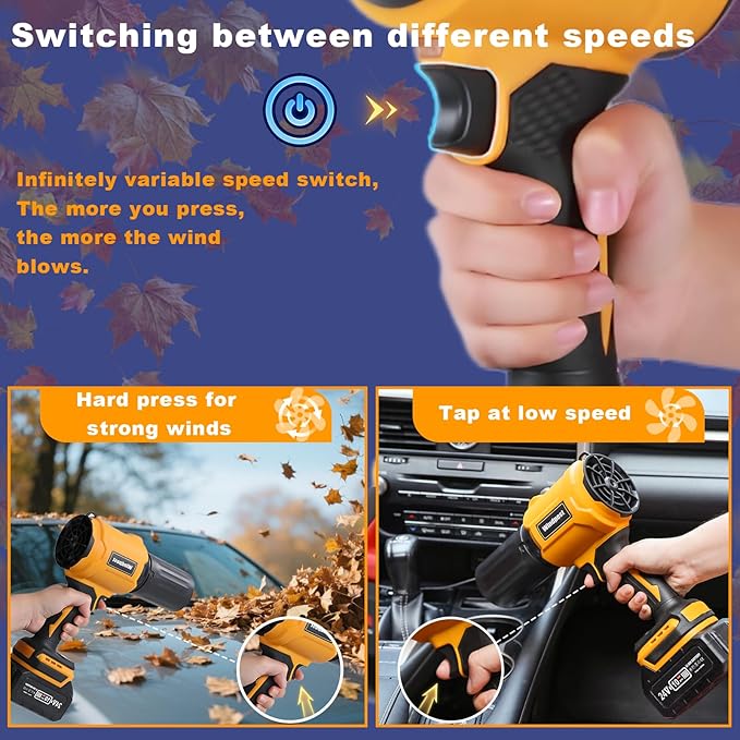 Small Cordless Leaf Blower,Leaf Blower Cordless,300000RPM Turbo Jet Blower with 1X24VX4.0Ah Battery and Charger for Patio Cleaning,Lawn Care,Car Cleaning and Dust Etc,2 Blowing Nozzles-Yellow