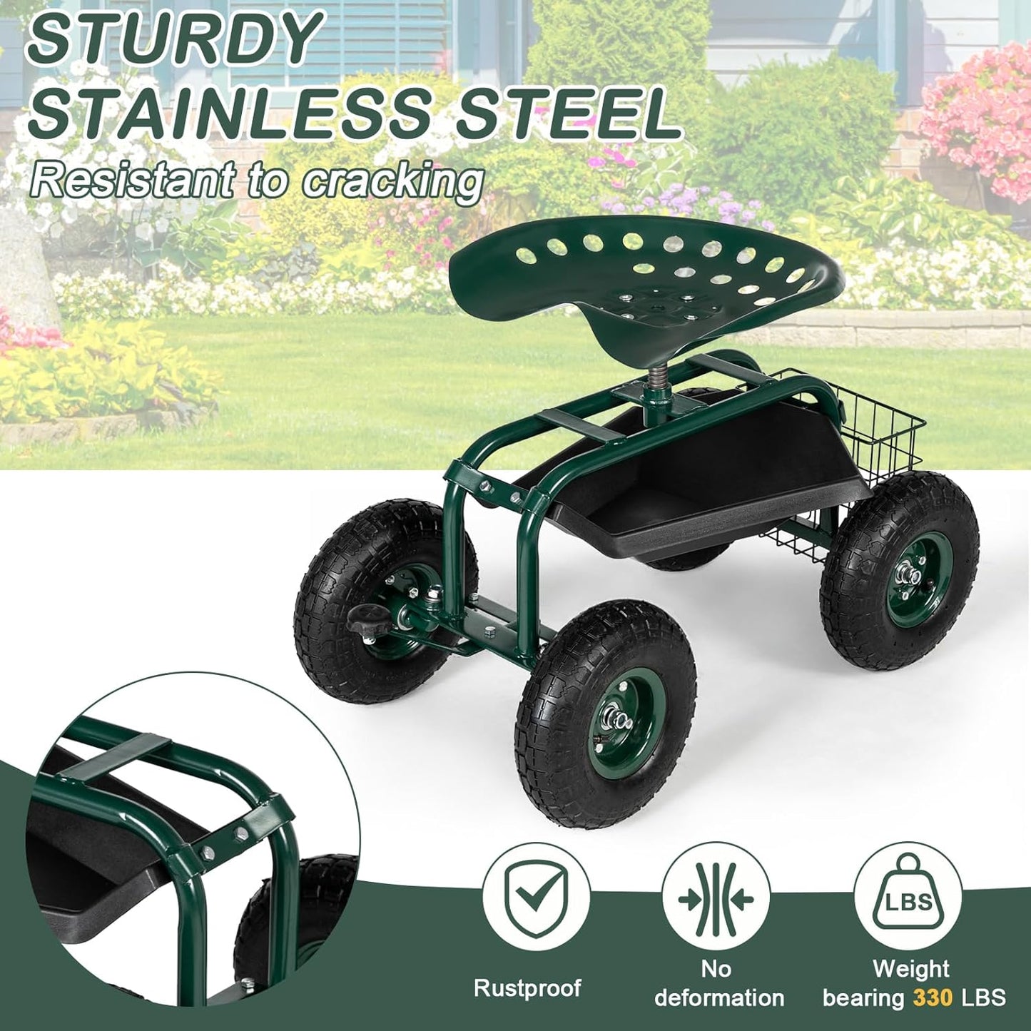 Outvita Garden Cart Gardening Workseat w/Wheels, Rolling Work Seat with Adjustable 360 Degree Swivel Seat, Basket and Tool Tray, Patio Wagon Scooter for Lawn Yard Outdoor Planting(Green)