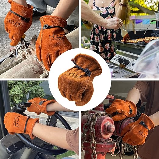HLDD HANDLANDY 2 Pairs Deerskin Leather Work Gloves for Men & Women, Heat Fire Resistant Tig/Mig Welding Gloves, Rigger Glove for Driver, Construction, Yardwork, Gardening, BBQ