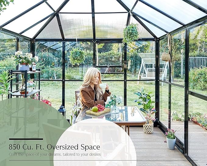 Jocisland 14x9.5x9 FT Outdoor Aluminum Greenhouse with Quick Connect Fittings, 6 FT Height Double Doors with Hook, Hybrid Polycarbonate Walk-in Greenhouse for Backyard, Black