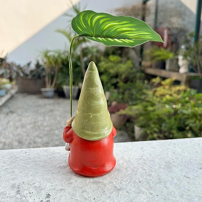 Garden Female Gnome Statue Decoration with Leaf Umbrella, 6.5” Figurine Ornament for Indoor Outdoor Home Patio Yard Lawn, for Gnome Lovers & Garden Enthusiasts,Mom,Women
