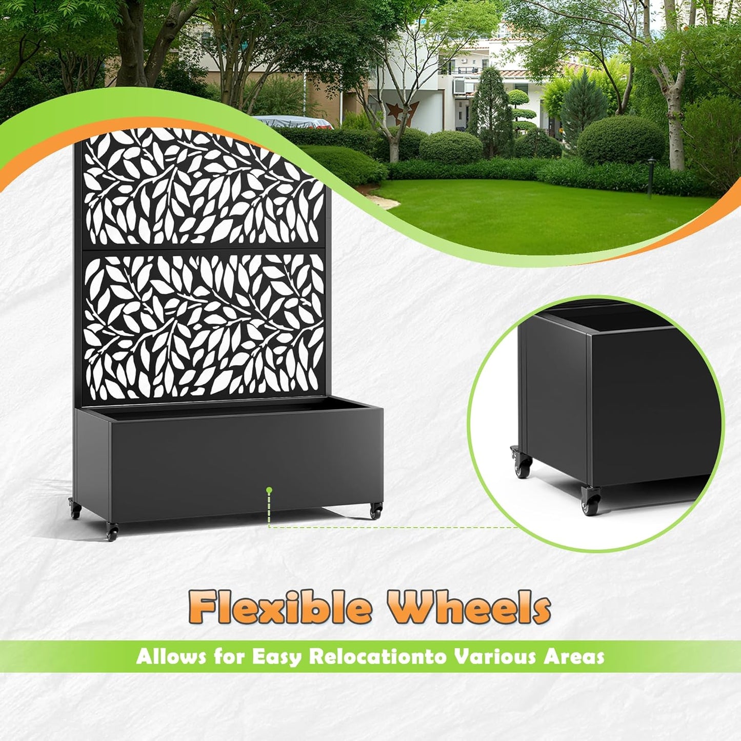 Metal Raised Garden Bed with Trellis, 2 in 1 Trellis with Planter Box & Privacy Screen for Climbing Plants, Vine, Outdoor Standing Flower Beds with Drainage Holes, 35.4"L x 15.7"W x 70.10"H,(Black)