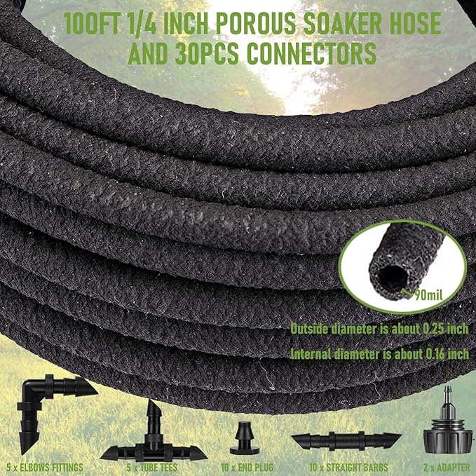 1/4 Inch Soaker Hose for Garden 100ft Soaker Irrigation Drip Hose System, Heavy Duty Drip Irrigation Tubing with Hose Connector Accessories for Watering Garden Beds Vegetable Lawn and Yard (100ft)