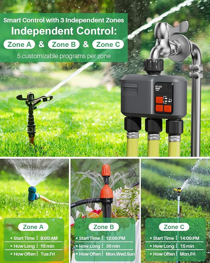 WiFi Sprinkler Timer 3 Zone with 984 Feet RF Gateway, 3 Outlet Smart Water Timer for Garden Hose with Rain Delay/Manual/Automatic,WiFi Water Hose Timers for Garden & Lawns