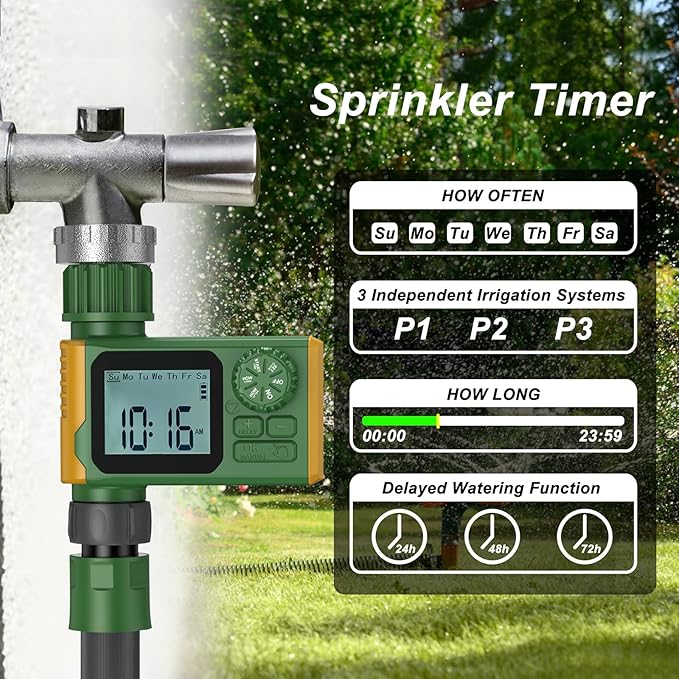 Garden Hose Timer Automatic Programmable - Digital Water Timer with LCD Display, Rain Delay & Manual Modes for Lawn Sprinkler System, Irrigation for Yard