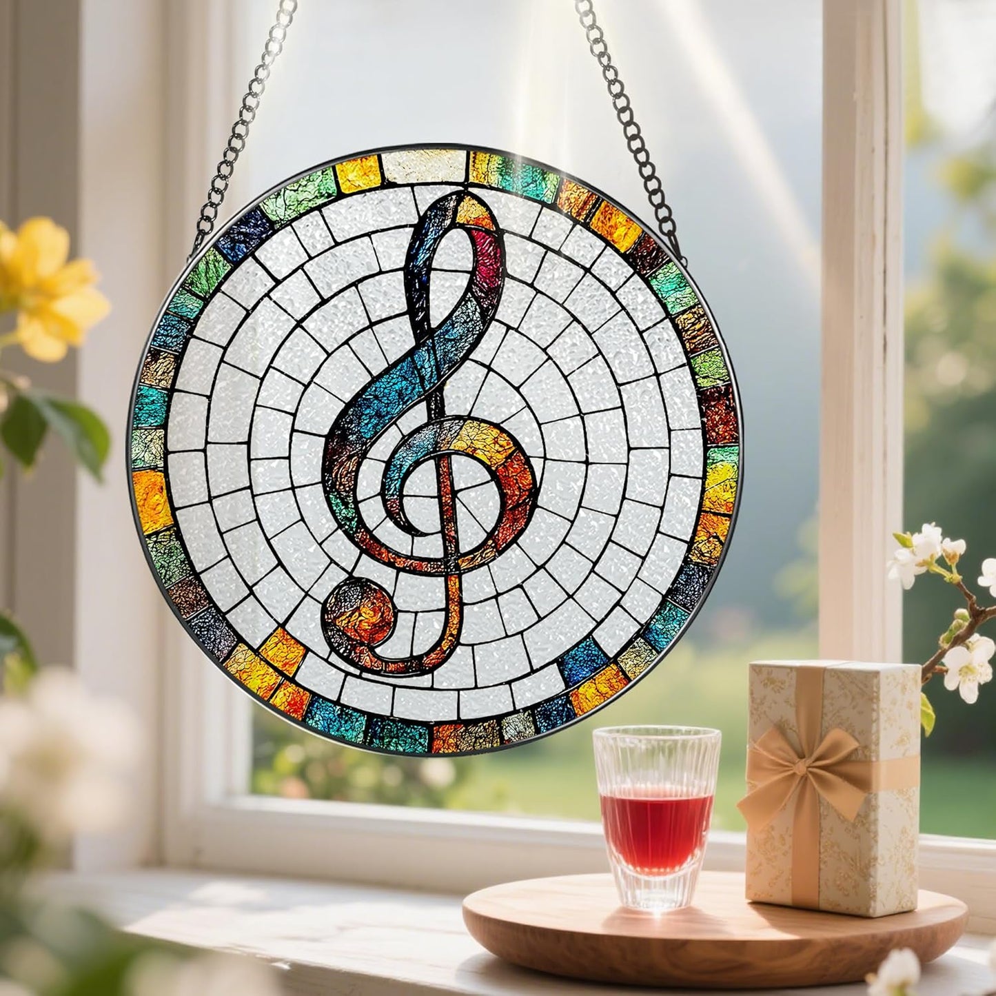 Stained Glass Window Hanging, Pauyadu 8 Inch Musical Stained Glass Suncatcher, Window Decor, Musician Home Decor, Musician Gift, Music Teacher Gifts, Music Accessory, Singer Gift