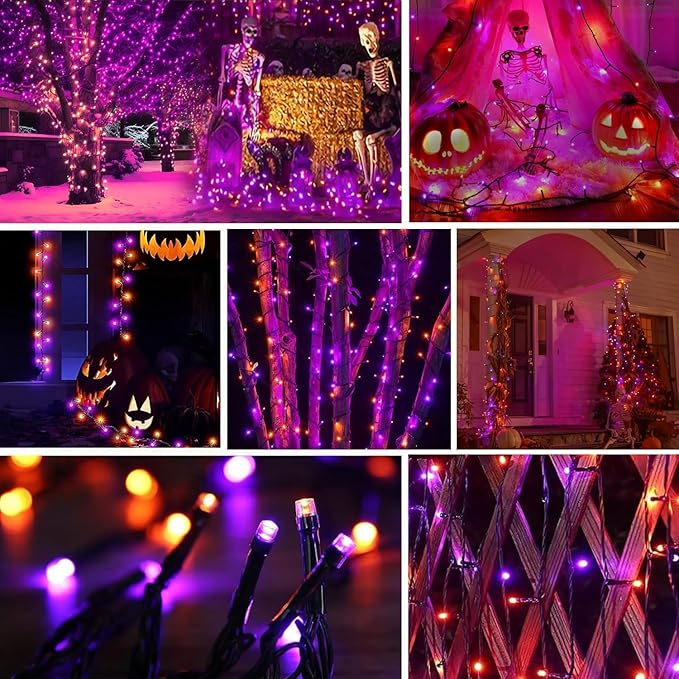 2-Pack Solar String Lights,78Ft Extra-Long 200 LED Waterproof Solar Halloween Lights, 8 Modes for Garden, Patio, Wedding (Purple & Orange)