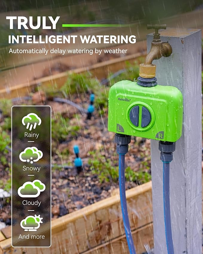 RAINPOINT WiFi Water Timer for Garden Hose, Brass Inlet 2 Zone WiFi Sprinkler Controller, Smart Hose Timer Valve, Automatic Drip Irrigation System/Rain Delay for Garden/Lawn/Yard (No Gateway)