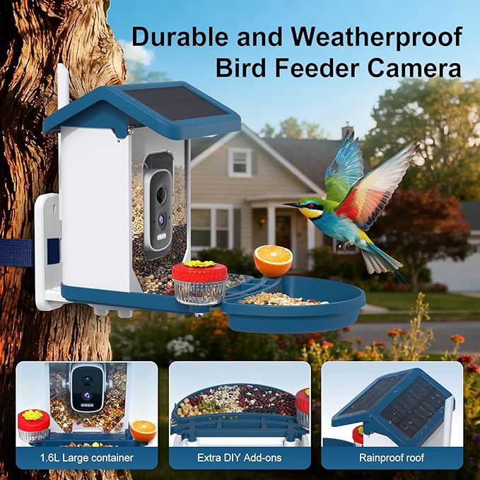 Smart Bird Feeder with Camera Solar Powered, 4K HD Video Bird House, AI Bird Species Identification, Live Stream & Night Vision, Auto-Capture & Notify, Weatherproof Design, Ideal Gifts for Lover