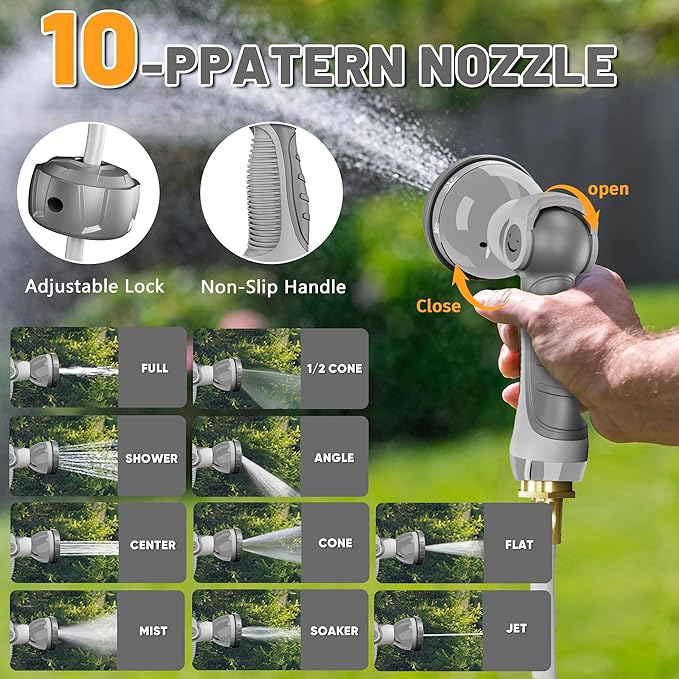 SILVEL Automatic Retractable Garden Hose Reel on Metal Spike, 1/2 in x 90FT Ground Mounted Outside, UV Resistant with 10 Pattern Nozzle, 360° swivel, No Holes in your house, Easy Installation