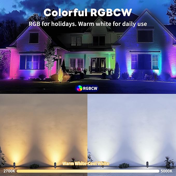 Smart Landscape Spotlights Low Voltage - RGBCW 5W LED Outdoor Uplight, 12V Landscape Spot Lights App Controlled, IP65 Waterproof Wired Aluminum, Black for Exterior House Tree Garden Yard