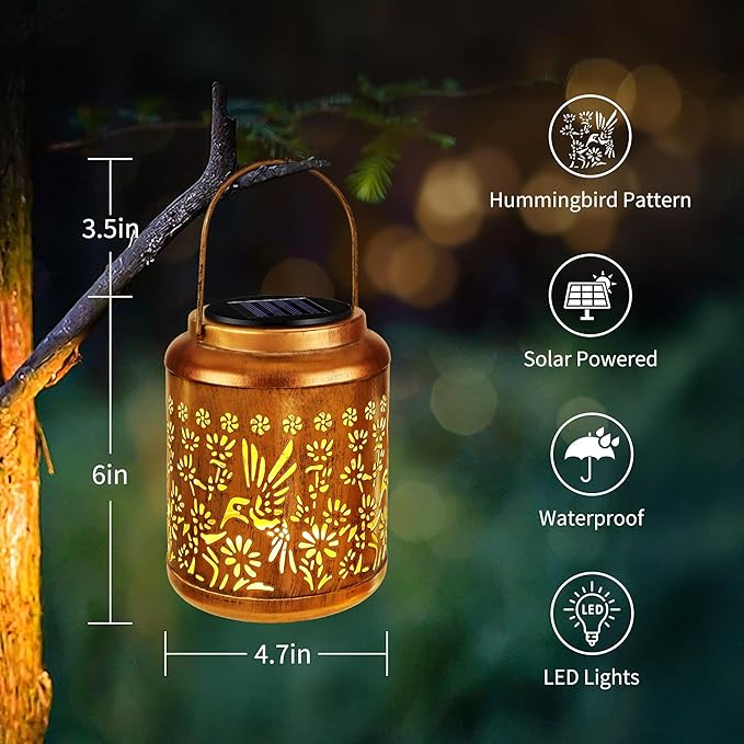 Brizled Hummingbird Solar Lanterns, 2 Pack Outdoor Lanterns Christmas Birthday Gift for Women Mom Grandma, Hummingbird Hanging Garden Lantern, Waterproof Solar Lights for Table Garden Patio Path Porch
