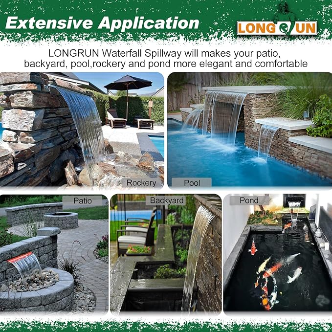 LONGRUN Waterfall Spillway APP Control Multi-Color LED Light Outdoor Pool Fountain, Acrylic Water Spillway Koi Pond Waterfalls Fountains Kit for Garden Patio Swimming Pool Decoration-11.8"