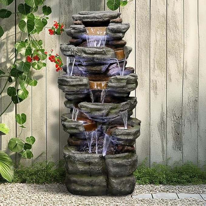 SunJet 47.2" High 6-Tiers Cascading Rock Outdoor Water Fountain with LED Lights - Large Outdoor Fountains and Waterfalls for Garden or Patio, Yard, and Deck Decor, Featuring Natural Stone Look