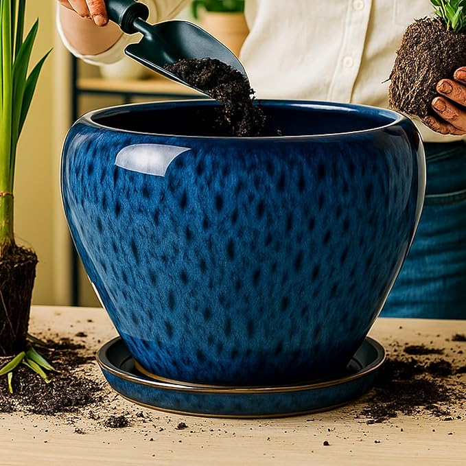 Deep Dream 10 Inch Plant Pot- Ceramic Planter Pot Round Plant Pots for Indoor Plants Outdoor Large Flower Pot with Drainage Holes & Trays, Blue