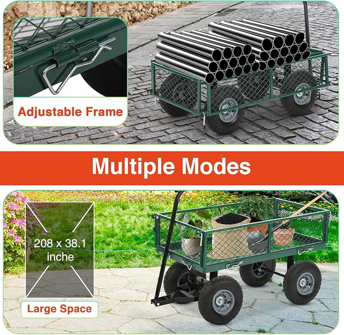 FDW Garden Cart Streel Heavy Duty 500 LBS Capacity,Utility Cart Wagon with Removable Sides and 180°Rotating Handle for Yard, Lawn and Garden Hauler (Dark Green)