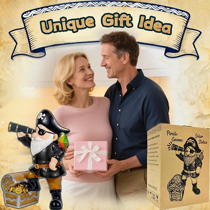 Solar Pirate Gnome Statue – Whimsical Outdoor Garden Decor for Yard, Patio, Lawn, Backyard – Ideal Gift for Women, Garden Lovers, Moms, Birthdays