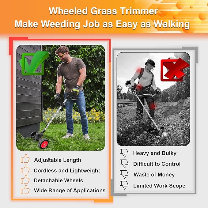 Electric Weed Wacker Eater Cordless, Weed Wacker Battery Powered, Weed Trimmer with 2 21V/2Ah Battery Operated & 15 Blades & Wheels, No-String Grass Trimmer/Brush Cutter/Edger for Garden Yard