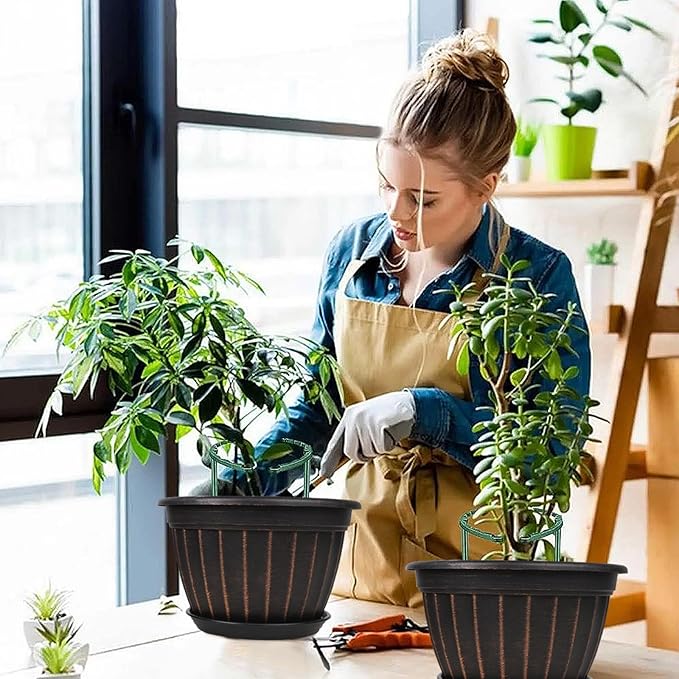 FGstyle 4 Pack Flower Pots,8 Inch Plants Pot,Planters Pot with Drainage Hole & Saucer,Modern Planters for Indoor Outdoor Plants,Decorative Resin Garden Pots for Outdoor Indoor Home Plants (Black)