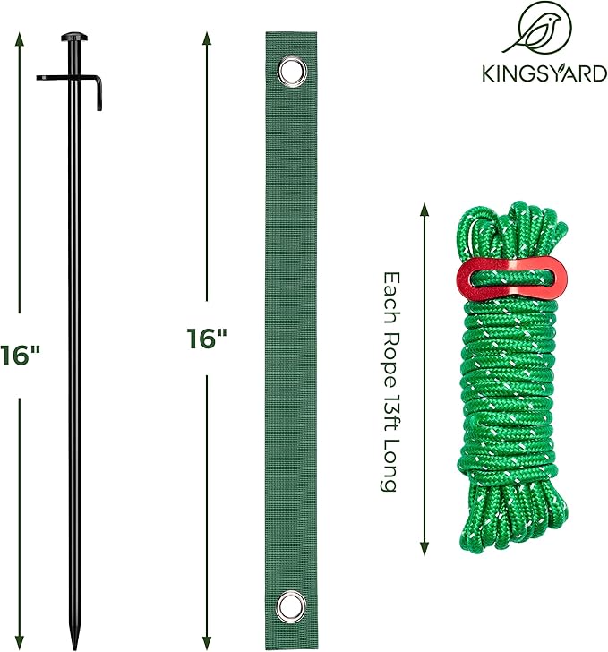 Kingsyard Heavy Duty Tree Stake Kit, 6 Pcs 16 Inch Steel Tree Stakes and Supports for Leaning Young Trees Straightening Kit Against Bad Weather, with 6Pcs Straps & 6Pcs 13ft Anchor Ropes