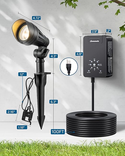 DEWENWILS 12V Landscape Lighting kit, 1x60W Transformer with Timer+8x3.2W Aluminum LED Low Voltage Landscape Spotlight Lights, 100FT Wire+8 Pack Connector for Patio Yard Garden