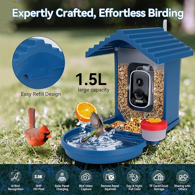 Bird Feeder with Camera Solar Powered, 2.5K HD Video Bird House Live View, Smart AI Bird Species Identification for Outside Garden,Birds Bath,Ideal Gift for Birds Lover (Blue)