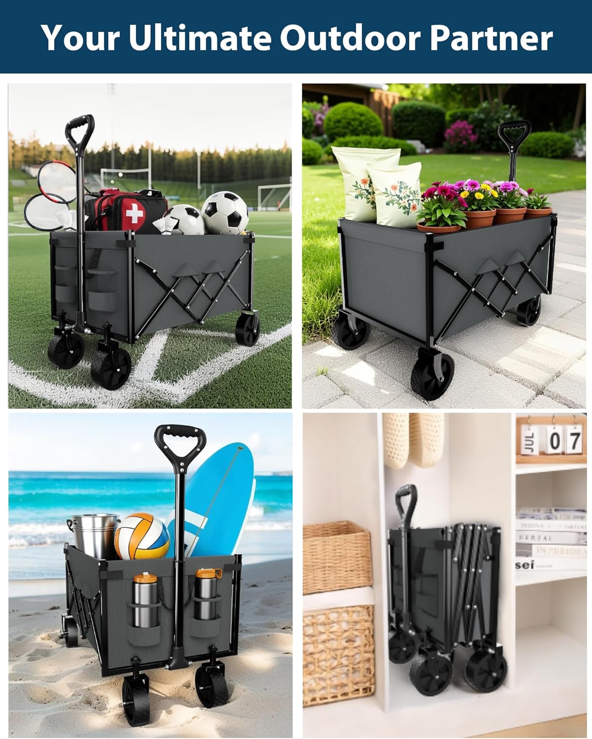 Lightweight Folding Wagon, Large Capacity Collapsible Grocery Cart on Big Wheels, Heavy Duty Foldable Shopping Carts, All-Terrain Outdoor Utility Carts, 3.5 Cu Ft, Grey