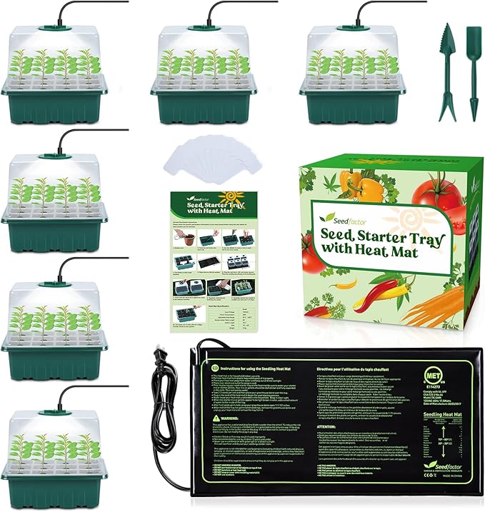 Seedfactor 7-Pack Seed Starter Kit with Grow Light (12 Cells per Tray), Plant Germination Trays with Adjustable Humidity Dome Seed Trays Seedling Starter with Base Trays for Germination