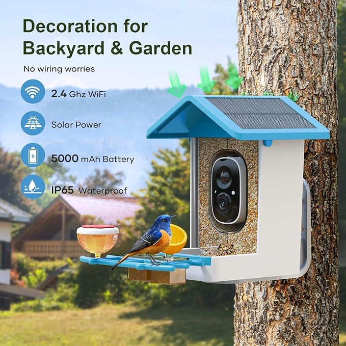 Smart Bird Feeder with Camera: Solar Powered Birdhouse with AI Recognition, Wireless Bird House with Camera for Outdoor, Unique Birthday Gifts for Mom Dad - Blue