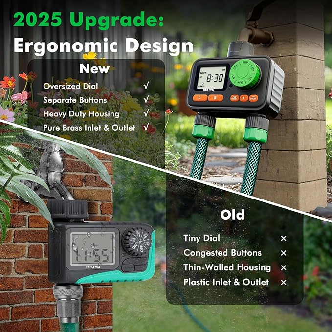RESTMO RF Remote Controlled Sprinkler Timer with Brass Inlet & Outlet, Water Timer for Garden Hose, Automatic/Manual/Rain Delay for Outdoor Faucet, Drip Irrigation and Lawn Watering, 2 Outlet