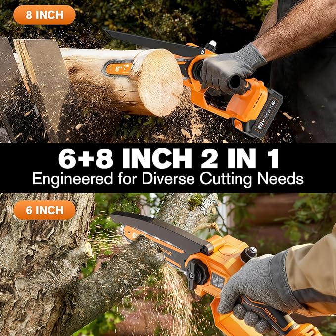 Mini Chainsaw Cordless Battery Powered, 8 Inch & 6 Inch Brushless Electric Chain Saw with 2 Pack 4.0Ah Batteries, Small Handheld Portable Chainsaw for Tree Trimming Wood Cutting Gardening Gift