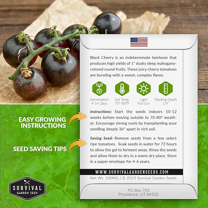 Black Cherry Tomato Seed for Planting - 3 Packets with Instructions to Plant & Grow Reddish-Purple Cherry Tomatoes in Your Home Vegetable Garden - Non-GMO Heirloom Variety - Survival Garden Seeds