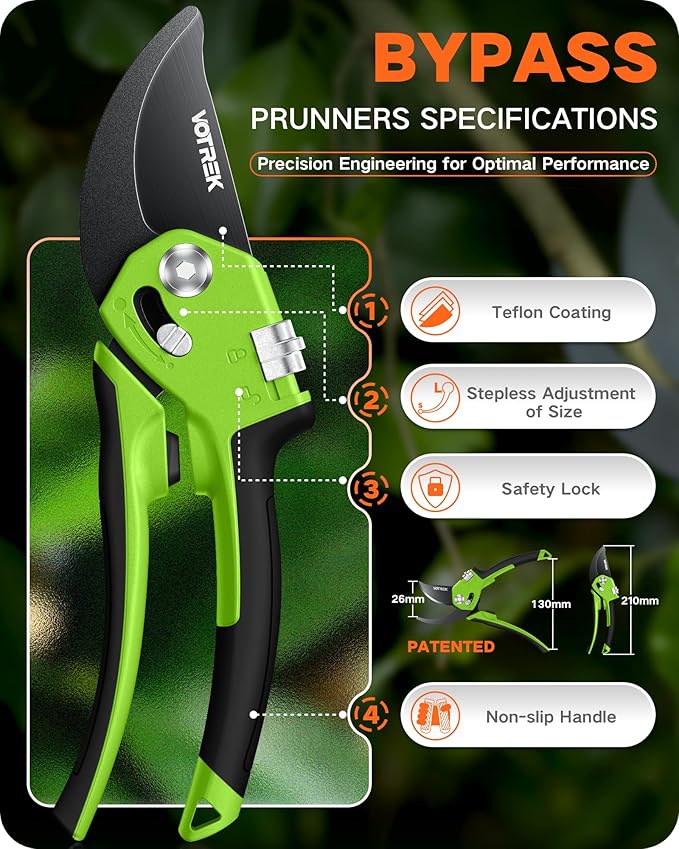 Pruning Shears for Gardening - 8.5" Garden Clippers with SK5 Blade, Stepless Adjustable Handle for All Hand, Ergonomic Bypass Plant Pruners Scissors for Heavy Duty Branch Bush Rose Tool
