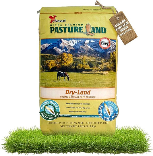 X-Seed Pasture Land Dry-Land Forage Seed Mixture with Micro-Boost – Tall Fescue Orchard Grass Ryegrass Endophyte Free Pasture for Safe Nutrition of Livestock, Formulated for Dry Areas – 7-Pound Bag