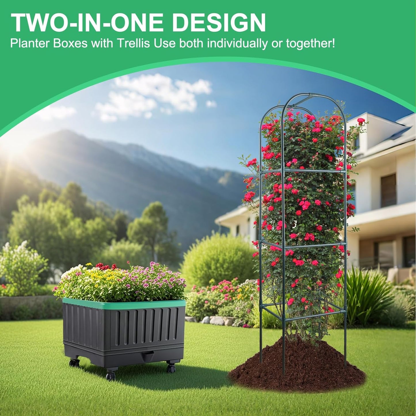 Raised Garden Bed with Self Watering Garden Pots, Planter Box with Trellis for Climbing Plants Vegetable Vine Flowers, Tomato Cage Planter for Indoor Outdoor Yard Greenhouse Use