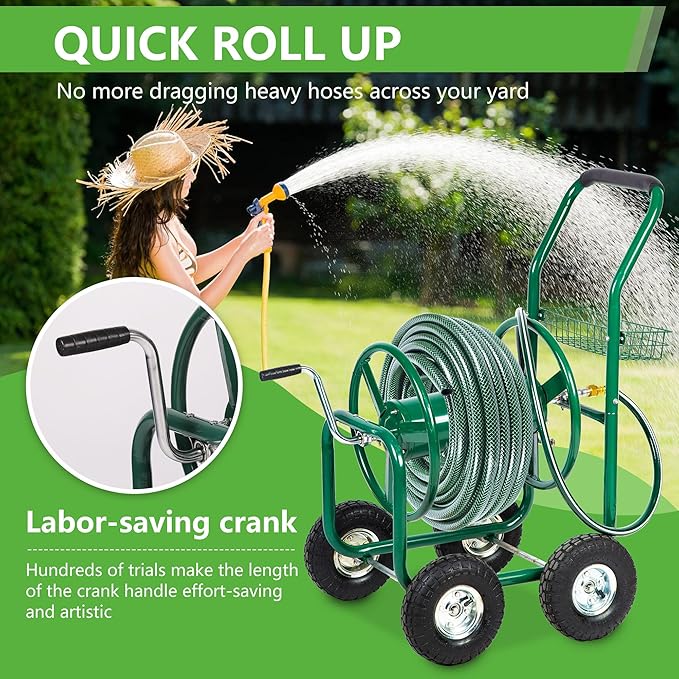 FDW Garden Hose Reel Cart, Water Hose Cart with 4 Wheels, Hold Up to 300 ft of 5/8’’ Hose,Heavy Duty Powder-Coated Steel Planting with Storage Basket, for Garden, Yard and Lawn