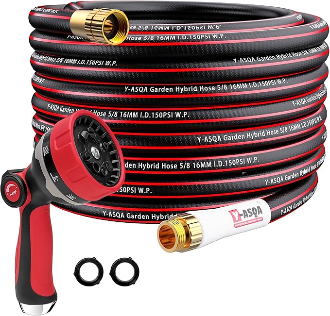 YASQA 50 ft Garden Hose with Nozzle,Lightweight 5/8in Water Hose with 10 Functions Spray Nozzle,3/4'' Heavy Duty Brass Fittings,Durable Kink Free Rubber Pipe for Yard, Car, Pets,Outdoor