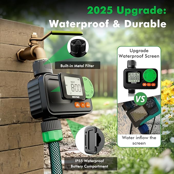 RESTMO Sprinkler Timer, Programmable Water Timer for Garden Hose, Automatic Control | Manual ON/Off | Rain Delay for Outdoor Faucet, Drip Irrigation and Lawn Watering System