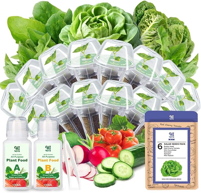 Salad Seed Pod Kit, Grow Anything Kit for All Hydroponics Growing Systems, 14 Pods with 600+ Seeds of Red Cherry Tomato, Butter Head, Romaine, Spinach, Mini Cucumber and Radish