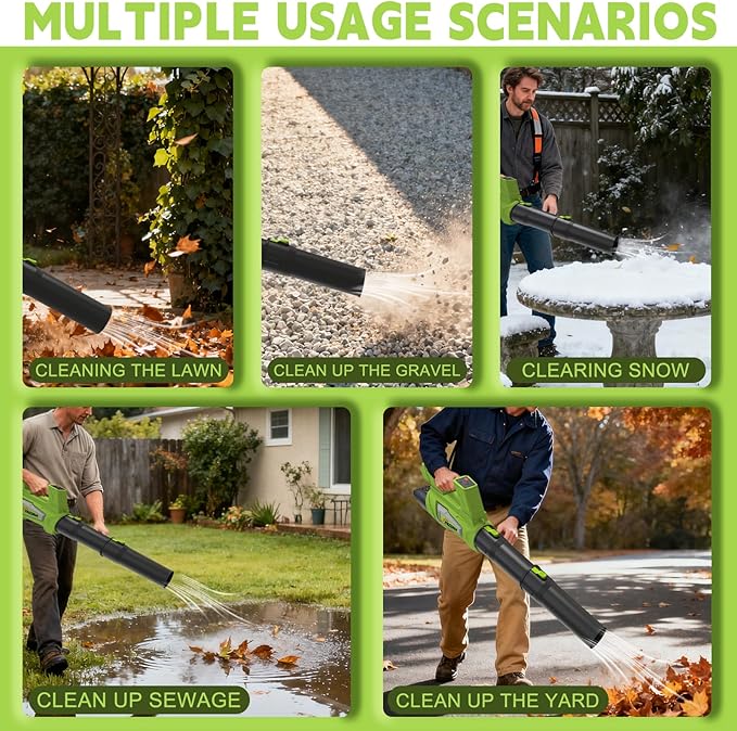 Leaf Blower Cordless Brushless with 6Ah Battery*2 and Charger, Strap, 21V Quiet 6-Speed Electric Leaf Blower with Display for Lawn Care, Leaves & Snow(Green)