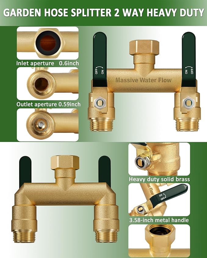Hose Splitter 2 Way Heavy Duty, Full Flow Garden Hose Splitter with 2 Long Metal Handles, Brass Rust and Freeze Resistant Water Hose Bib Splitter, T Adapter Connector with 3/4 - Inch GHT Thread(Green)