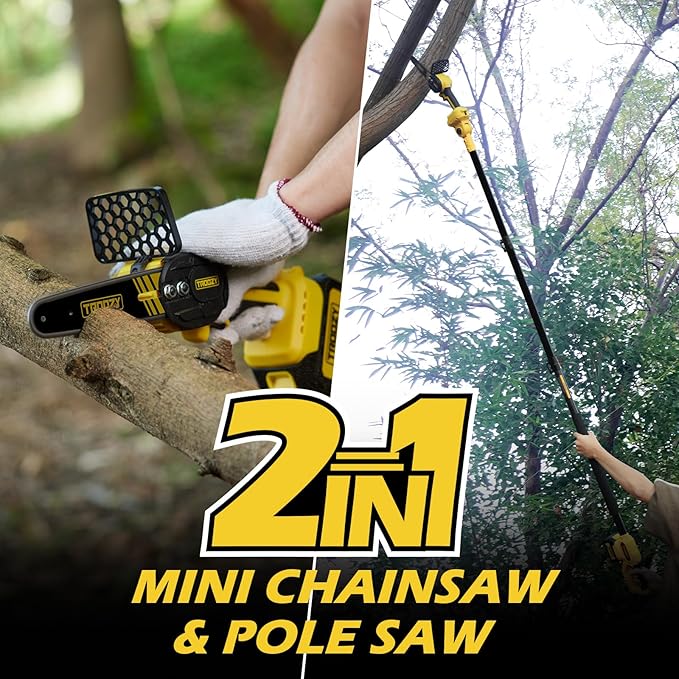 Cordless Pole Saw & Mini Chainsaw 2-IN-1, 21V 3Ah Battery Powered 6 Inch Brushless Electric Rotatable Pole Saw, 15-Foot Max Reach & Multi-Angle for Tree Branches Pruning, Wood Cutting