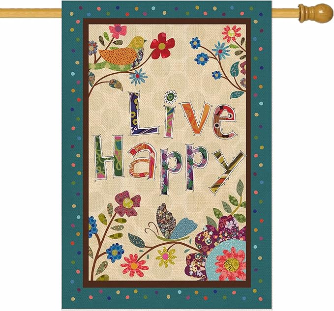 Hzppyz Live Happy Decorative Large House Flag Flower Bird, Spring Summer Inspirational Quote Garden Yard Outdoor Butterfly Decor Double Sided, Fall Positive Farmhouse Outside Burlap Decoration 28 x 40