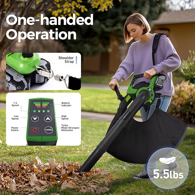 Leaf Blower, 20V Cordless Electric Blower, Leaf Vacuum and Mulcher, with 2 * 4.0Ah Batteries and 1 Fast Charger, Lightweight Leaf Blower for Patio Cleaning, Lawn Care, Blowing Fallen Leaves
