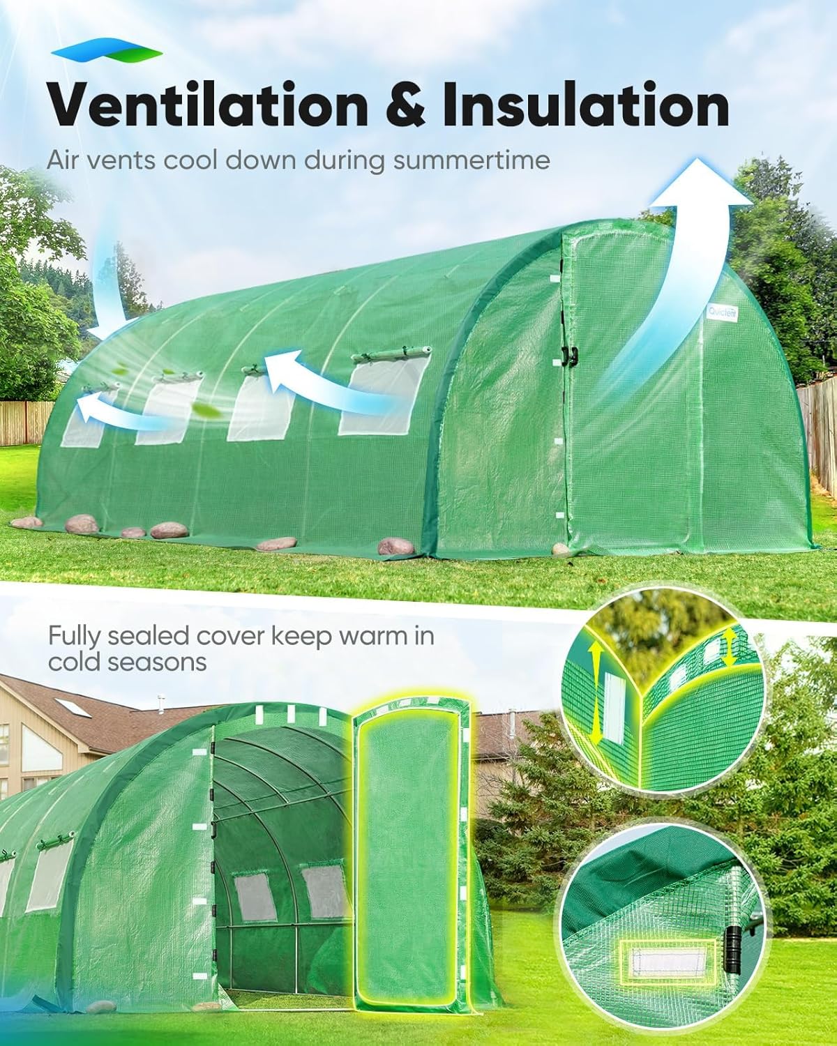 Quictent Premium Greenhouse Swing Door Large Walk-in Green Houses for Outdoors, Upgraded Tunnel Hoop House Frame and Cover for Outside Garden Plant, 2 Swing Door 8 Screen Window, 20x10x6.6 FT, Green