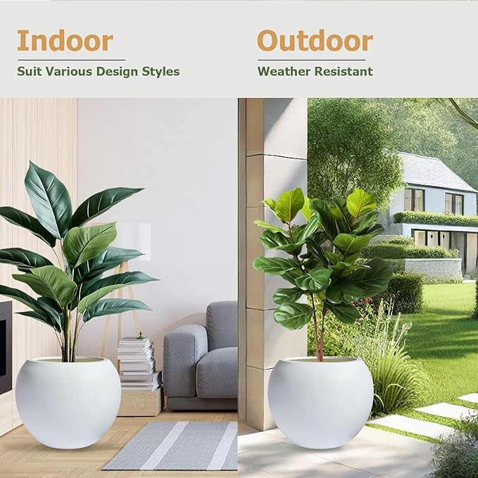 16" H x 20" D Globo Fiberstone Round Planter with Drainage Hole, Weather Resistant, Smooth Finish, Planters for Indoor Plants & Outdoor, 2 Extra Coco Mats (White, 13.5" Pot Opening)