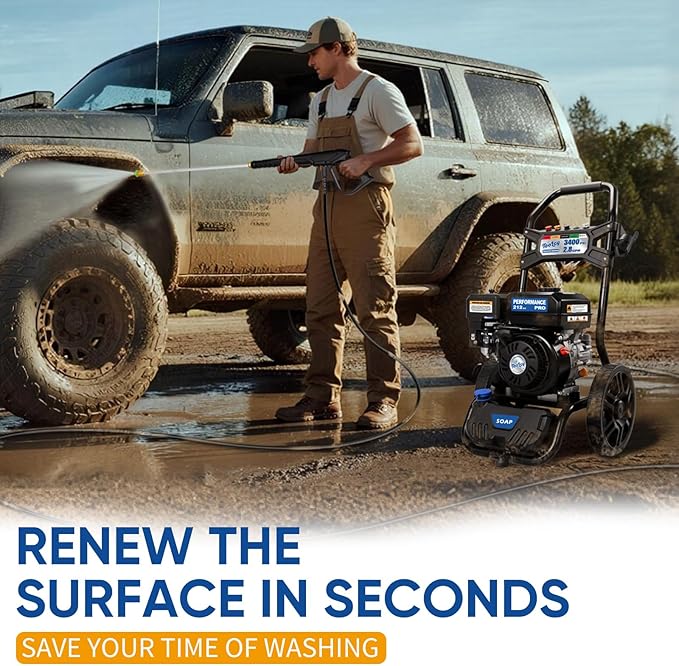 TOOLCY 3400 PSI Gas Pressure Washer, High-Performance 212cc OHV Engine, Reinforced Pump. Onboard Soap Tank, 30FT Hose, Spray Gun & 5 Nozzles, Max 2.8 GPM, Great for Cars/Driveways/Homes/Patios/Boats